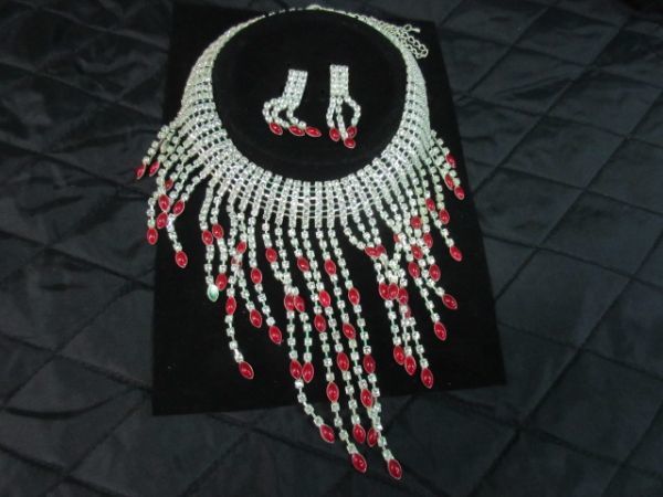Luxury Accessory Set Necklace & Earrings Ruby Color Ballroom Dance Stage Bridal Recital Stage Wedding After-Party Karaoke, handmade, Accessories (for women), necklace, pendant, choker