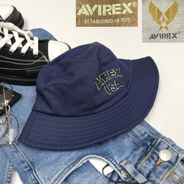 未使用品 AVIREX ネイビー バケットハット バケハ メンズ ロゴ刺繍 タグ 紺 カジュアル アウトドア キャンプ アビレックス アヴィレックス