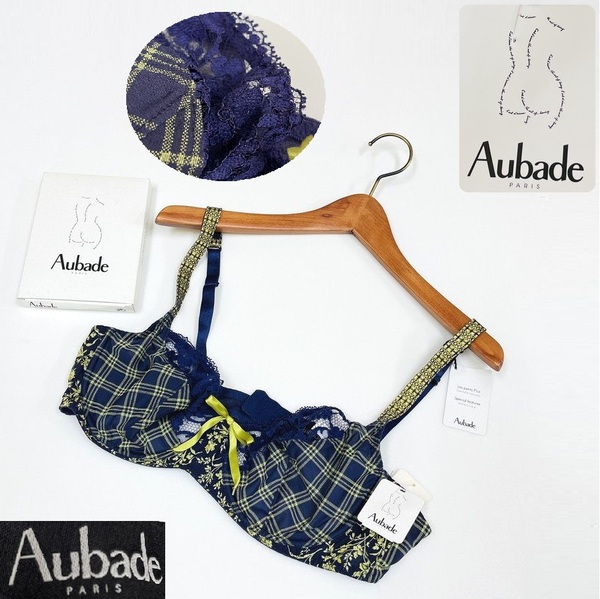 未使用品 /B105/ Aubade BLUEBERRY 3/4カップブラ ブラジャー タグレディース フランスフェミニンリボン パープル系 大人可愛い オーバドゥ