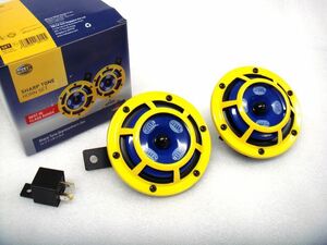  free shipping ( Okinawa * excepting remote island ) HELLA Hella made SHARP TONE HORN SET yellow ( outer )/ navy ( inner ) height sound + low sound 2 piece set 