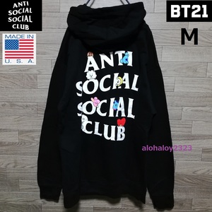 ANTI SOCIAL SOCIAL CLUB × BT21 BTS コラボ スウェット プルオーバー フーディー パーカー M size 黒 ブラック 美品 USA製 防弾少年団