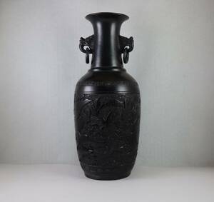 中国美術 欽州窯花瓶 龍鳳図 唐物 華道具 高25cm