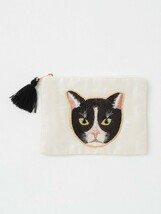 ネコ 刺繍 フラットポーチ 猫 キャット ポーチ ブラック 猫雑貨 小物入れ おしゃれ かわいい_画像1