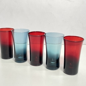 ● コレクター必見 未使用 レトロ ガラス タンブラー コップ 5客 グラス ブルー系 レッド系 おしゃれ かわいい ma284の画像1