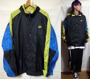 90s 銀タグ ナイキ 90年代 ヴィンテージ ナイロンジャケット 黒 青 ライム NIKE VINTAGE TRACK JACKET XL black blue lime