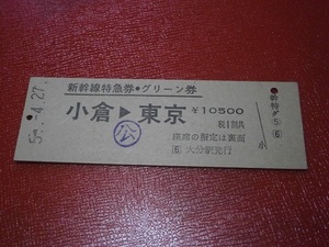 古い、硬券切符　昭和57・４・２７　新幹線特急券・グリーン券　小倉から東京　大分駅発行