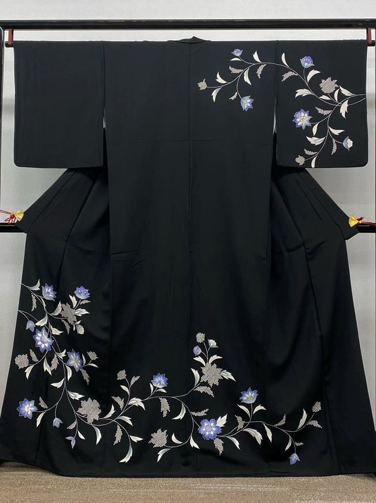 Kyoto Yuzen Hand-painted Visiting Kimono, Chinese Flower Pattern, Hama Chirimen, Pure Silk, Kyoto Black Dyeing, Black Ground, K274, women's kimono, kimono, Visiting dress, Tailored