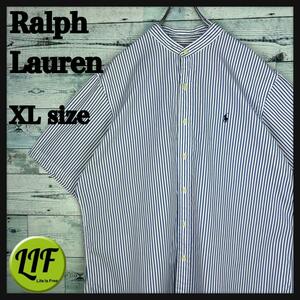ラルフローレン 刺繍ロゴ 半袖 ノーカラーシャツ ストライプ 青白 XL