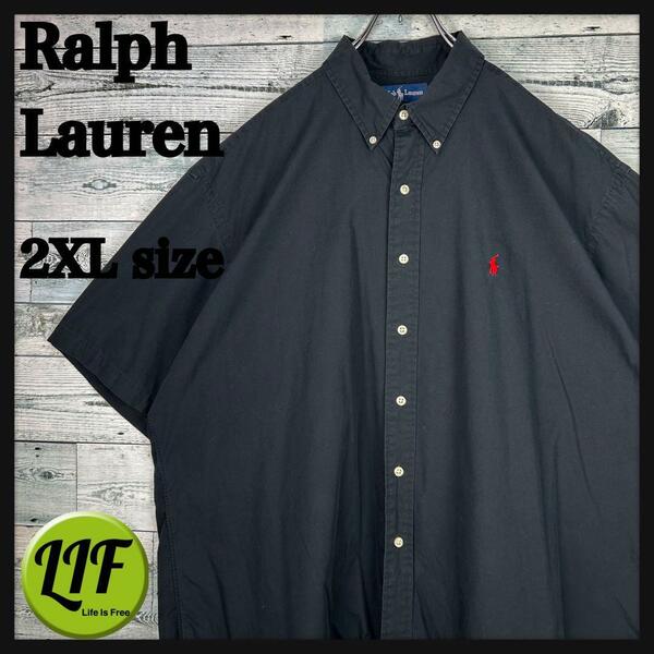 ラルフローレン 刺繍ロゴ ボタンダウン 半袖シャツ 美品 ブラック XXL
