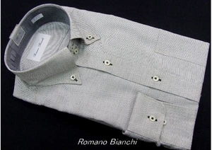 2【Romano Bianch】　形態安定ボタンダウン綿混長袖シャツ・グレー系ピンチェック柄・襟回り39㎝-裄丈82㎝