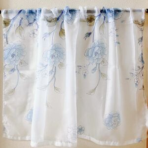 幅94×丈55 カフェカーテン 花柄 ブルー ラメ 1枚 のれん 小窓 カーテン生地