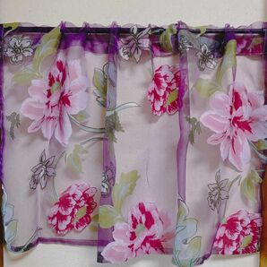カフェカーテン 紫 幅100㎝ × 丈55㎝ 大きい花柄 透け感 1枚 のれん 小窓 