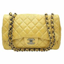 ★D2475 シャネル マトラッセ エナメルレザー ダブルチェーン ショルダーバッグ Ｗ29cm マスタードイエロー系 CHANEL レディース★_画像1