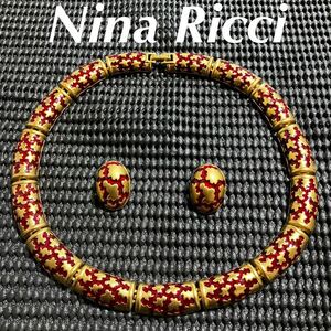 【ws2200】美品 Nina Ricci ニナリッチ ネックレス イヤリング セット 赤 ゴールドカラー ヴィンテージ