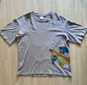 Pokmon(ポケモン)リザードン＆ヒトカゲTシャツ■Lサイズ■GUジーユー半袖グレービッグシルエットプリントアニメゲームキャラクター古着