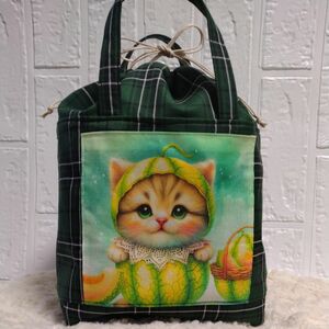 ハンドメイド☆彡　メロン猫ちゃん巾着トートバッグ