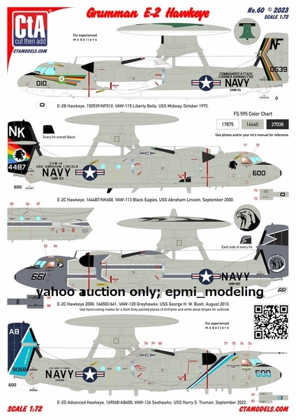 CTA-60 1/72 CTA グラマン E-2B/C/D ホークアイ用デカールセット 早期警戒機 アメリカ海軍