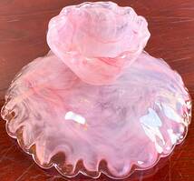 [未使用] ガラス ピンクのコンポート皿 フルーツ皿 直径24cm IWATA製 TOKYO JAPAN レトロ_画像6