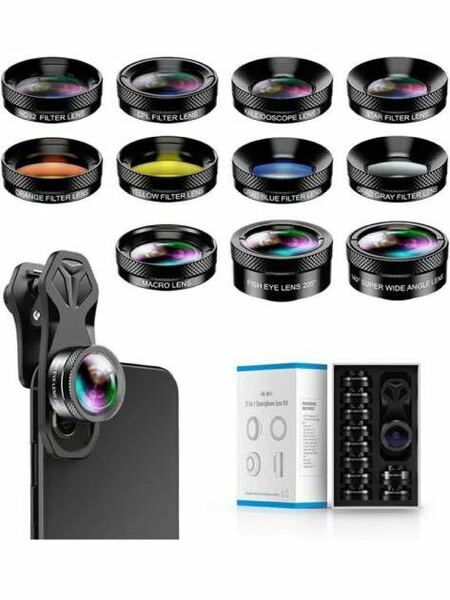 Apexel 11in1スマホ用撮影セット スマホ用カメラレンズ 広角レンズ+魚眼レンズ+マクロレンズ+CPL/フロー/万華鏡/星形レンズ+カラーレンズ 
