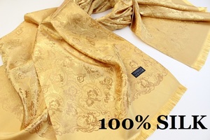 新品【SILK シルク100%】華 ペイズリー柄 大判 ストール/スカーフ GOLD 黄金 ゴールド系