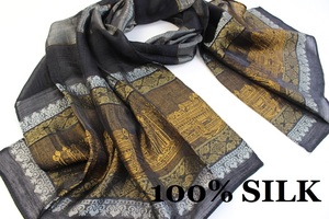 新品【SILK シルク100%】アンコールワット 幾何学柄 スカーフ/ストール ブラック系 ゴールド ホワイト