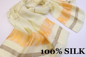 新品【SILK シルク100%】象 エレファント 幾何学柄 薄手 スカーフ/ストール ライトイエロー系 ゴールド ホワイト