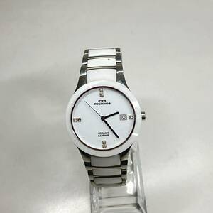 1円〜 2☆ TECHNOS 腕時計 T7534 クォーツ QUARTZ腕時計 白文字盤 白ベルト ホワイト 動作未確認 デイト CERAMIC SAPPHIRE テクノス