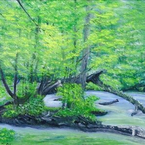 【WISH】サイン有 油彩 15号 大作 川辺風景 渓流 癒し ◆緑の木々 ヒーリングアート #24032444の画像3