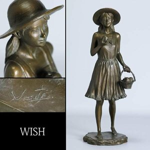 【真作】【WISH】仙里篤成「リンゴを持つ少女」ブロンズ 高さ36.5cm 3.78kg ◆少女名品 　　〇長野県善光寺普賢菩薩像制作 #24026045