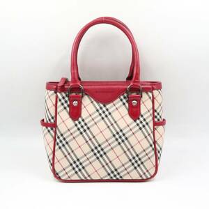 ★BURBERRY バーバリー ノバチェック キャンバス×レザー ハンドバッグ トート レディース ベージュ系×レッド系