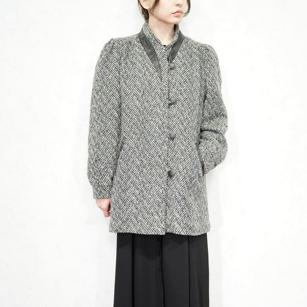 USA VINTAGE NEW YORK GIRL STAND COLLAR TWEED HALF COAT/アメリカ古着スタンドカラーツイードハーフコート