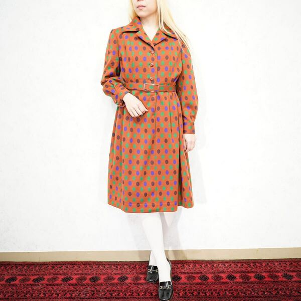 RETRO VINTAGE DOT PATTERNED WOOL BELTED ONE PIECE/レトロ古着永松洋装店ドット柄ウールベルテッドワンピース