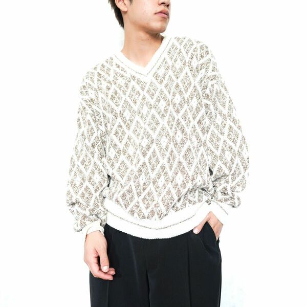 USA VINTAGE BILL BLASS MENSWEAR DIAMOND PATTERNED DESIGN COTTON OVER KNIT/アメリカ古着ダイアモンド柄デザインコットンオーバー二ット