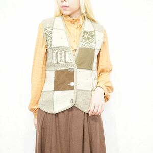 EU VINTAGE ZMORK PATCHWORK DESIGN WOOL TYROLEAN VEST/ Europe б/у одежда лоскутное шитье дизайн шерсть тирольский лучший 