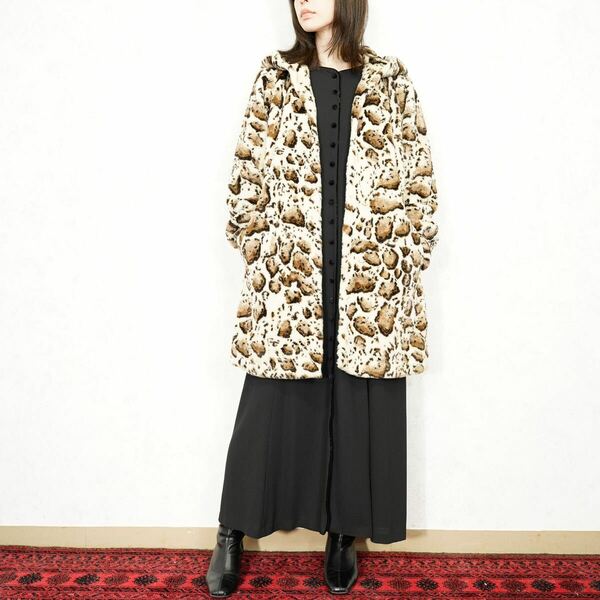 USA VINTAGE LEOPARD PATTERNED FLEECE HOODIE COAT/アメリカ古着レオパード柄フリースフーディコート