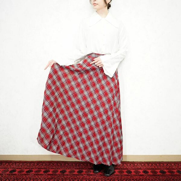 70’s USA VINTAGE CHECK PATTERNED PLEATES DESIGN LONG SKIRT/70年代アメリカ古着チェック柄プリーツデザインロングスカート