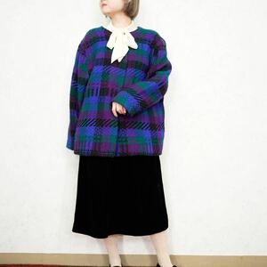 USA VINTAGE CHECK PATTERNED WOOL NO COLLAR DESIGN JACLKET/アメリカ古着チェック柄ウールノーカラーデザインジャケット