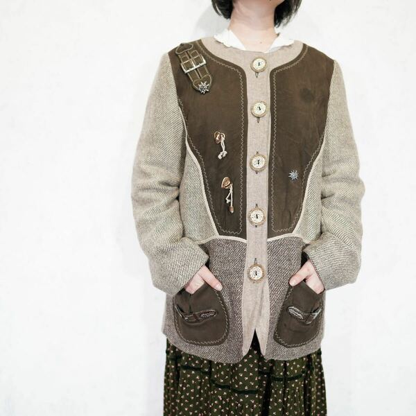 EU VINTAGE LEATHER SWITCHED DESIGN TYROLEAN JACKET/ヨーロッパ古着レザー切替デザインチロリアンジャケット