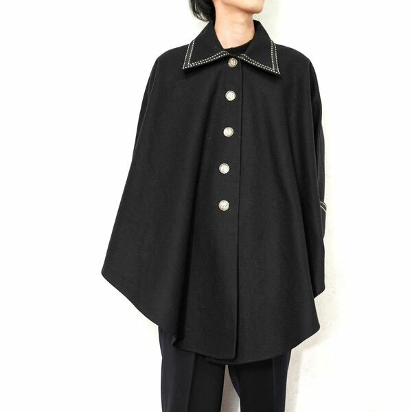 EU VINTAGE COIN BUTTON DESIGN WOOL CAPE COAT PONCHO FABRIQUE EN FRANCEヨーロッパ古着コインボタンデザインウールケープコートポンチョ