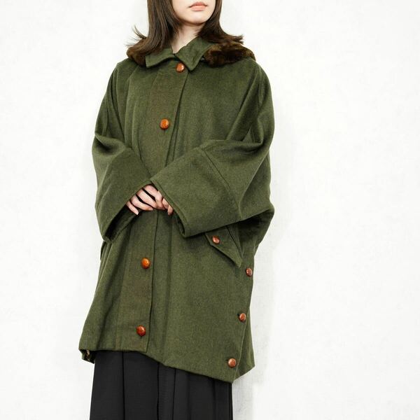 EU VINTAGE FUR HOODIE DESIGN DOLMAIN WOOL COAT MADE IN ITALY/ヨーロッパ古着ファーフーディデザインドルマンウールコート