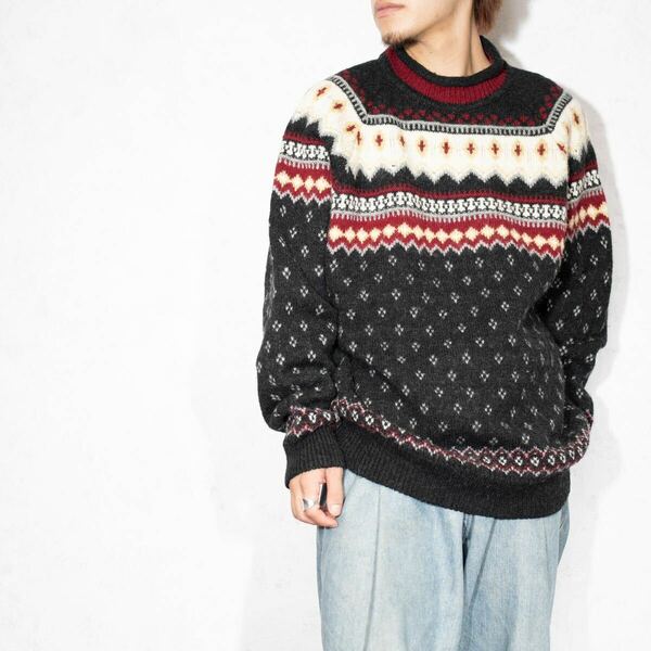 EU VINTAGE DEVOLD RIB NECK DESIGN NORDIC KNIT/ヨーロッパ古着リブネックデザインノルディックニット