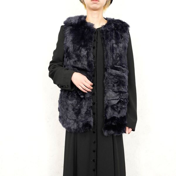 USA VINTAGE NAVY COLOR ECO FUR VEST/アメリカ古着ネイビーカラーエコファーベスト