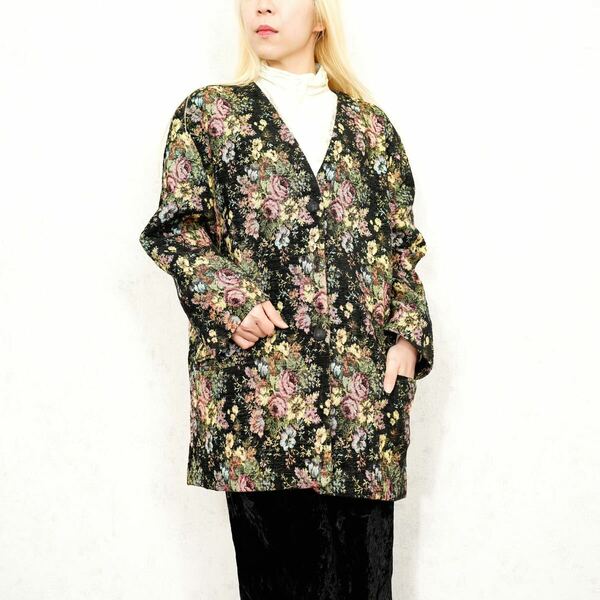 USA VINTAGE FLOWER PATTERNED EMBROIDERY GOBERLIN DESIGN JACKET/アメリカ古着花柄ゴブラン刺繍デザインジャケット