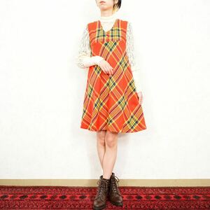 60's～70's USA VINTAGE CHECK PATTERNED BACK RIBBON WOOL ONE PIECE/60年代～70年代アメリカ古着チェック柄バックリボンウールワンピース