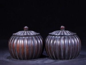 【瓏】紫檀の木彫 瓜形囲棋罐一対 時代物 手彫り 置物 擺件 中国古美術 蔵出