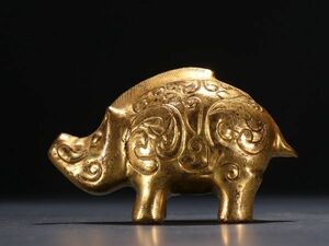 【瓏】古銅鏨刻彫 塗金猪鎮紙擺件 明代 銅器 古賞物 中国古玩 蔵出