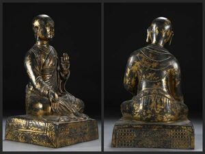 【瓏】古銅彫 塗金上師仏坐像 明時代 大明永楽年施款 古置物擺件 銅仏像 仏教文化 蔵出