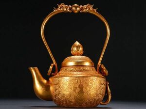 【瓏】古銅鏨刻彫 塗金双龍戲珠提梁壺 時代物 古置物擺件 銅器 中国古賞物 蔵出