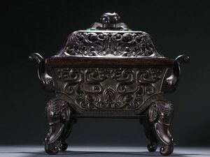 【瓏】老紫檀の木彫 象鼻四足香薰炉 清時代 極細工 手彫り 置物 擺件 中国古美術 蔵出