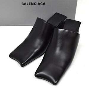 新品同様 バレンシアガ スクエアトゥ ミュール 615674 レザー レディース ブラック BALENCIAGA